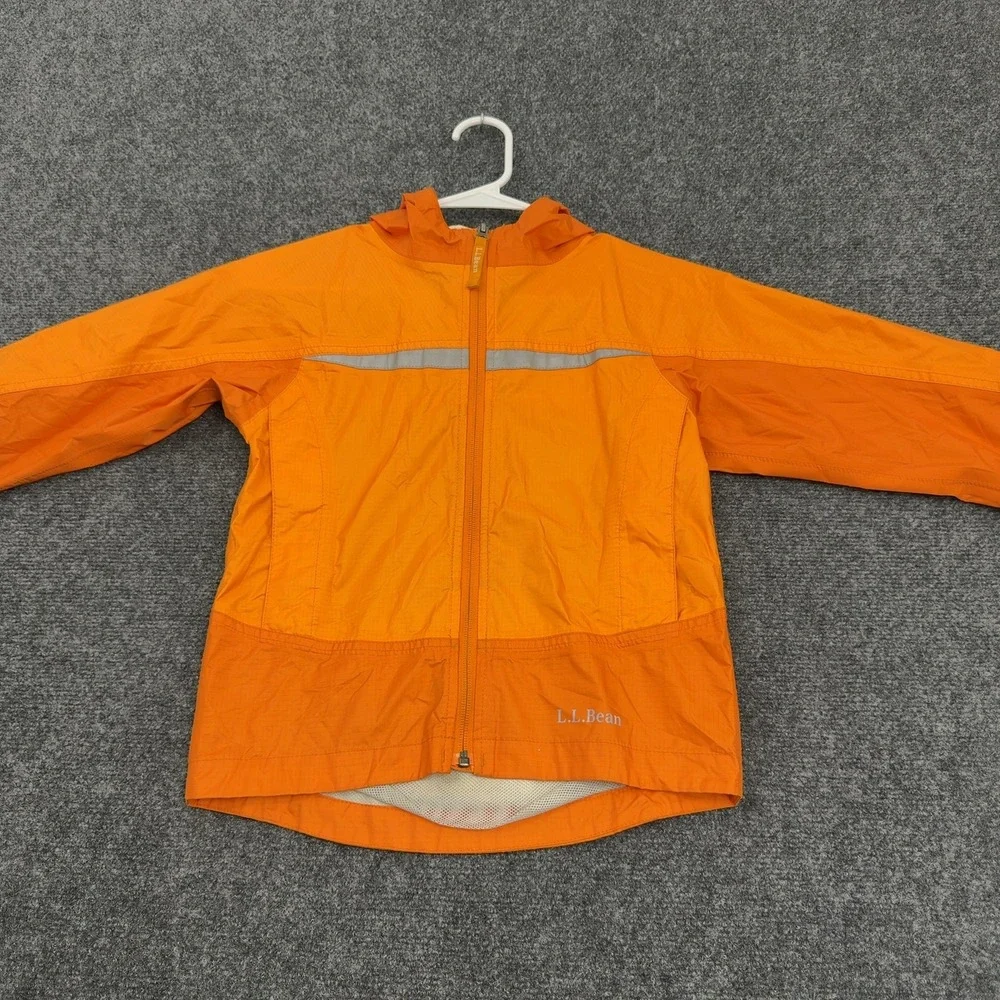 LL Bean Windbreaker Jacket Kids M 5/6 Orange Nylon Reflective Hooded Gorpcore